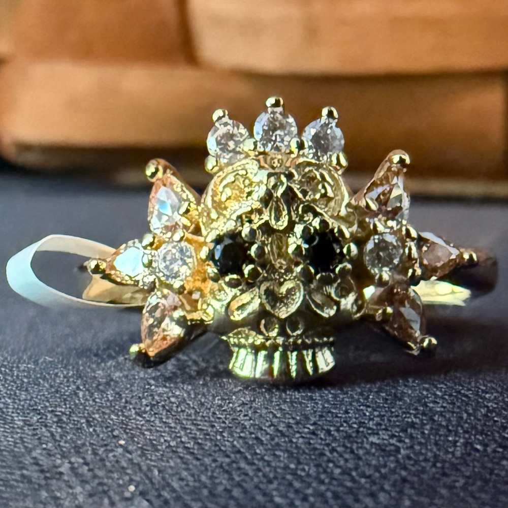 Gold and Silver Skull Ring with Crystal Accents